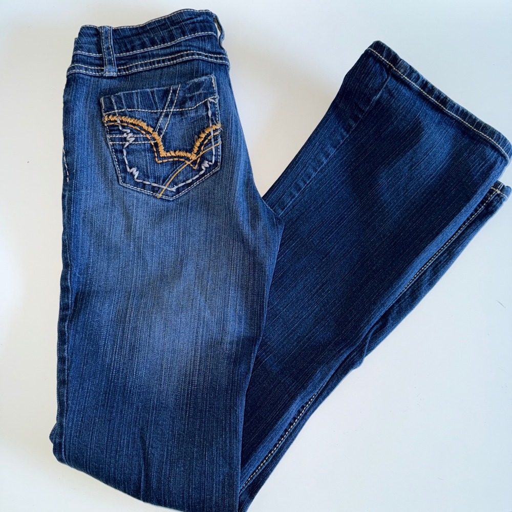 YMI Flare Jeans ultra Low‎ Rise Y2K juniors Sz 1 Dark Wash Embroidered  Bratz